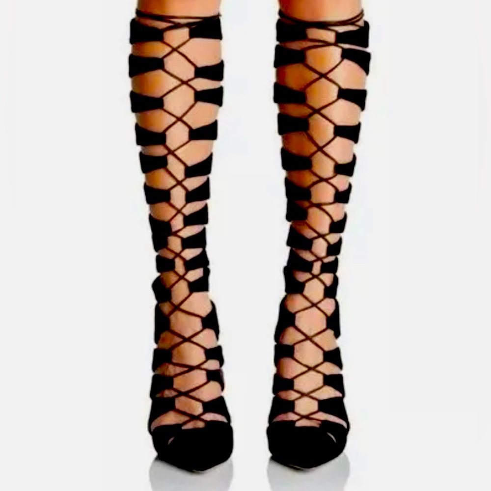 TAMARA MELLON BLACK VELVET LACE UP GLADIATOR HI  HEEL KNEE BOOTS